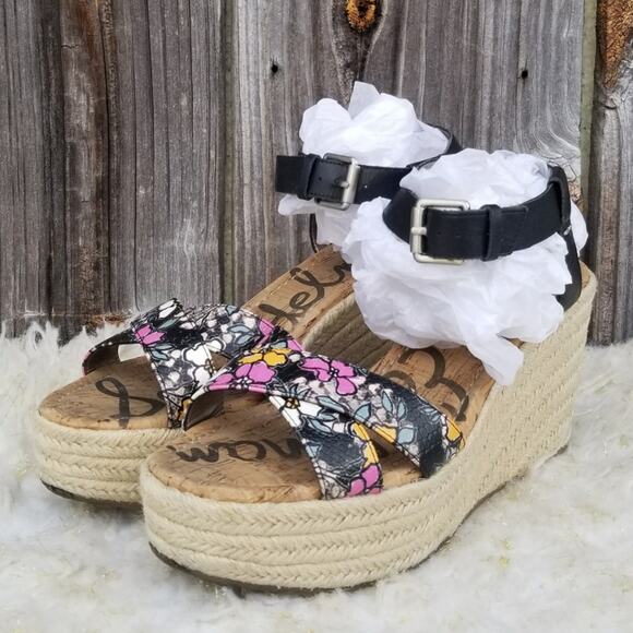 Platform Wedge Espadrille Sandals Sam Edelman Destin Size 10 Black Leather Strap - Picture 1 of 14
